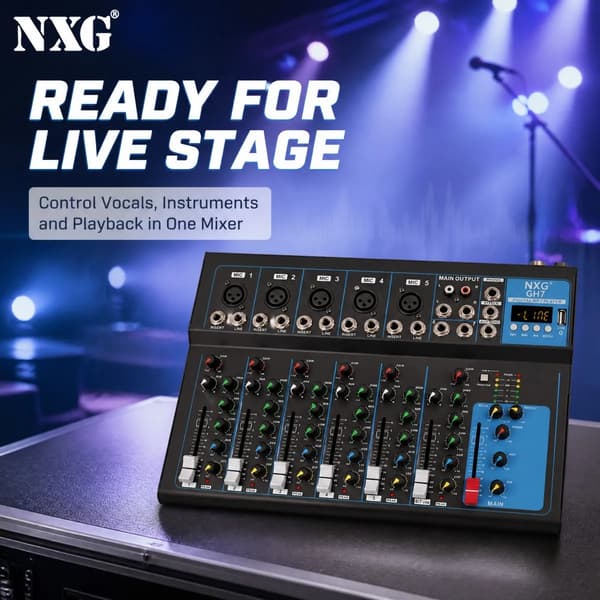 Lydmixer, 7 Kanaler, Bluetooth-forbindelse, 3-bånds equalizer, 48V phantom strøm, kompakt design