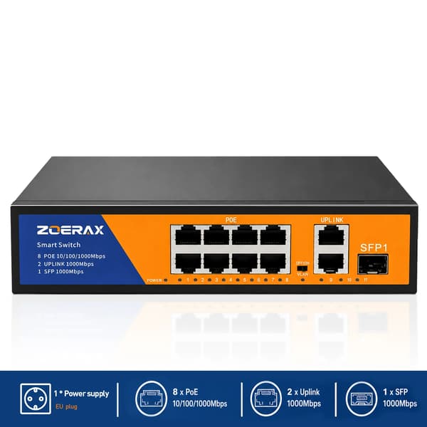 Gigabit PoE Switch, 8 porte, VLAN-understøttelse,EU stik