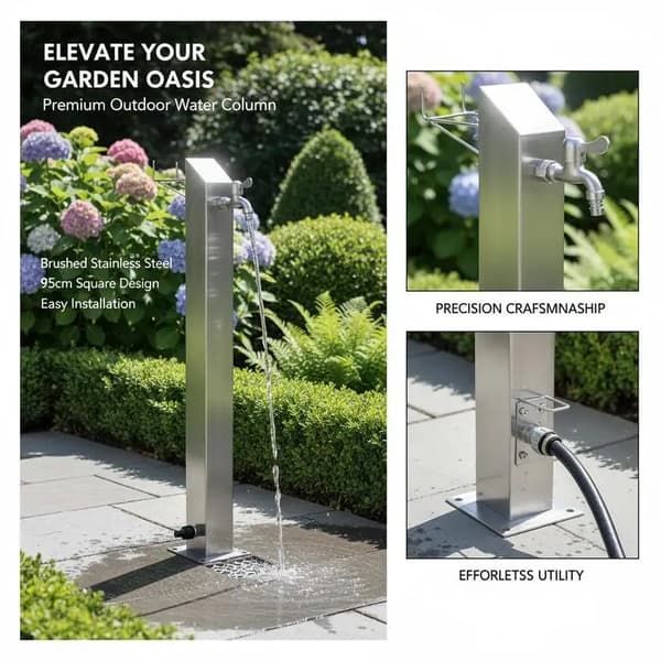 Havevandsøjle, Rustfrit Stål Konstruktion, Elegant Firkantet Design,Argent