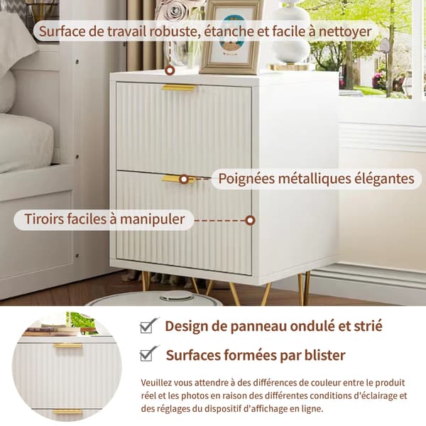Sengebord, 2 Skuffer, Elegant Design,Hvid