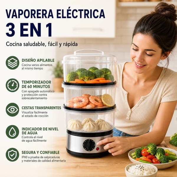 Elektrisk Maddamper, 3-Lags Design, 60-Minutters Timer,Sort
