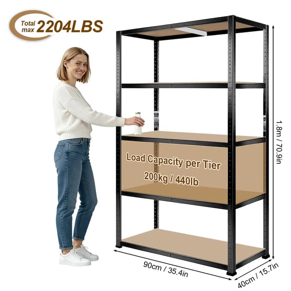 Reolsystem, 5-lags design, 1000 kg kapacitet,1.8m sort 90x40cm