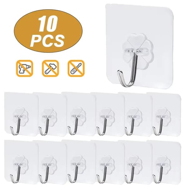 Seinäkoukut, Itsekiinnittyvät, Läpinäkyvä Muotoilu,10Pcs koukkuja