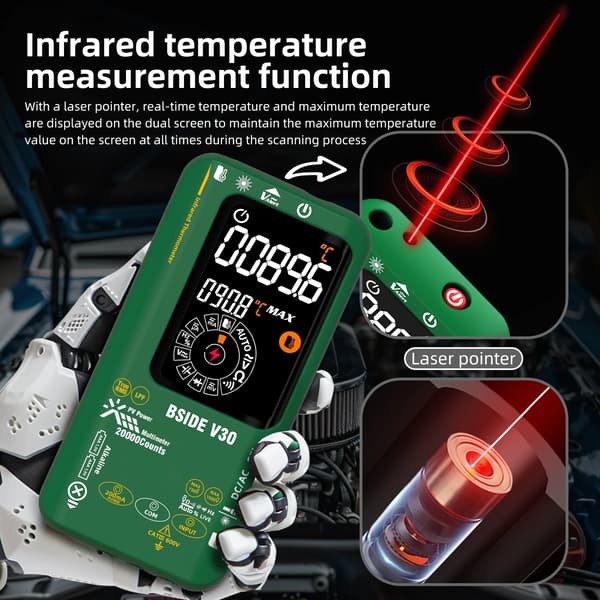 Digitalt multimeter, infrarød termometer, dual strømforsyning,V30