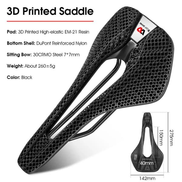 Vejcykelsæde, 3D-trykt design, åndbart materiale,sort