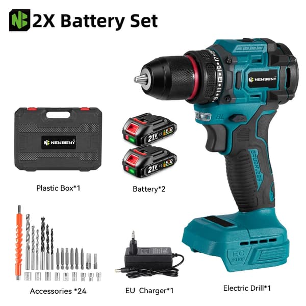 Elektrisk Borrmaskin, Borstlös Motor, 2 Hastighetsinställningar,2xBatteri Set
