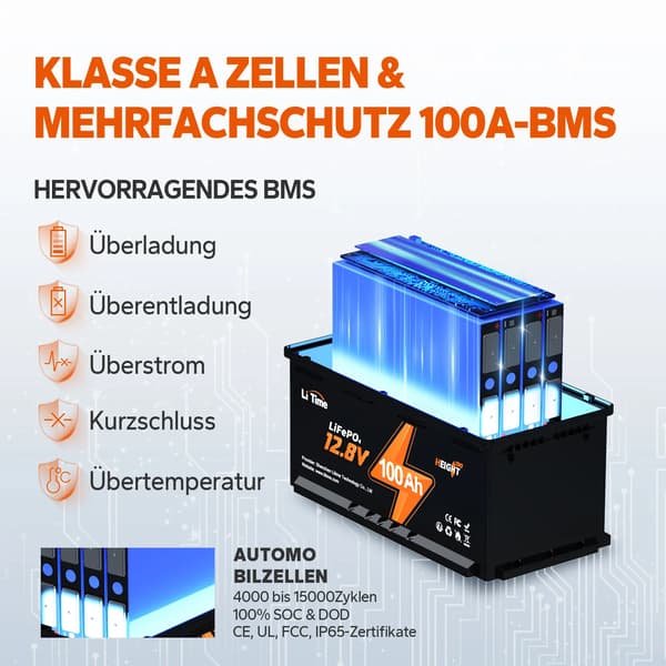 LiFePO4-batteri, Bluetooth-forbindelse, kompakt design,sort
