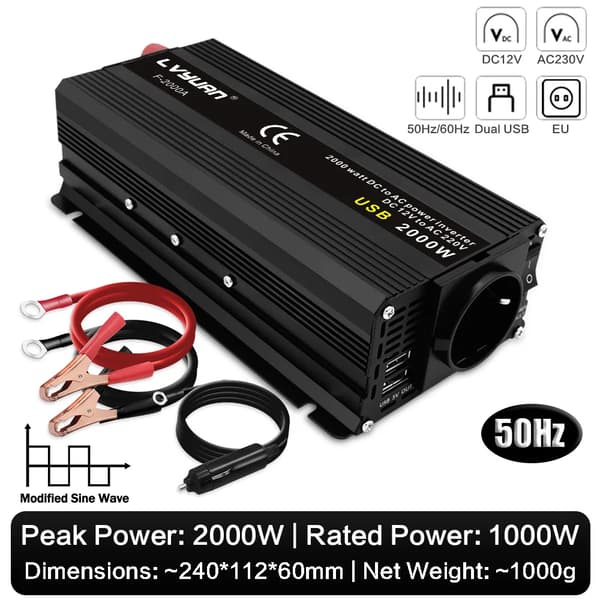 Strømomformer, DC til AC konverter, Dual USB-porte,12V 2000W EU