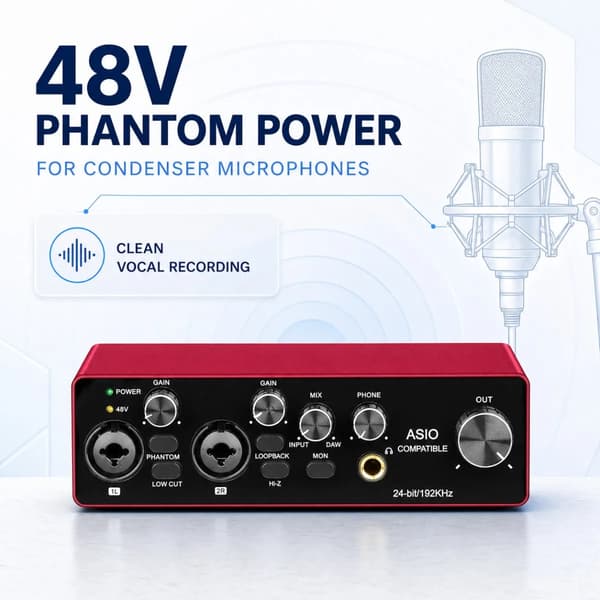 Lydinterface, 24-bit/192kHz, USB-drevet (5-20V DC), 48V phantom strøm, PC- og Mac-kompatibel, Metalhus
