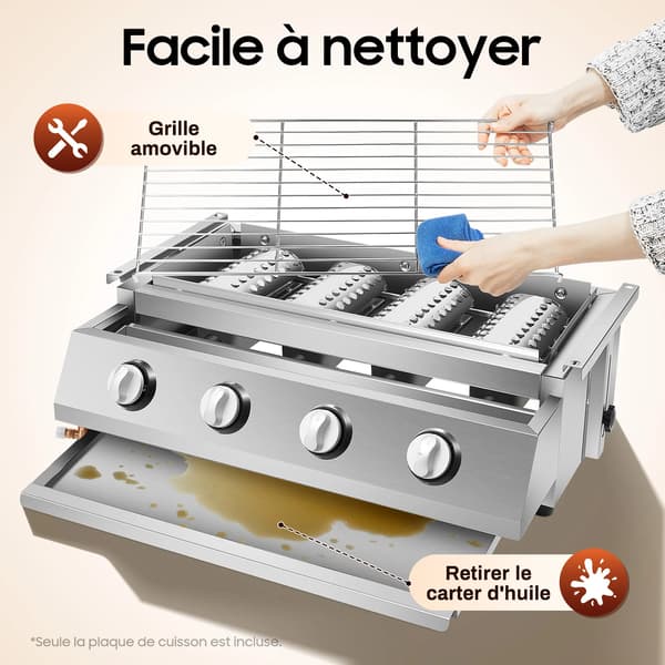 Gas Griddle, 4-Burner, Justerbar Højde,Sølv