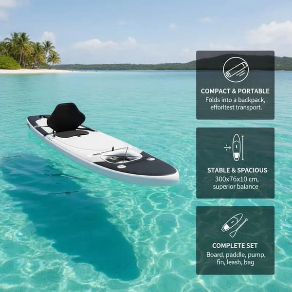 Oppustelig Stand-Up Paddleboard, PVC Materiale, Ideel til Begyndere,sort og hvid