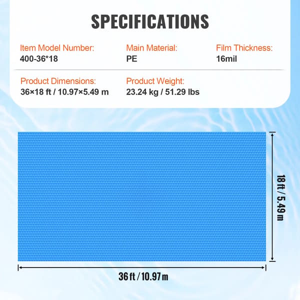 VEVOR Solpoolstäckning, 36 x 18 fot, Hållbart PE-material, 16 mil tjocklek,16 kilometer