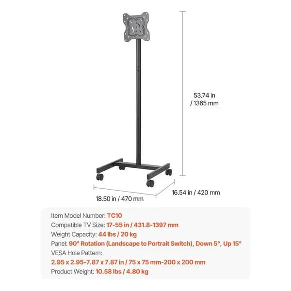 TV-stander, Mobil Design, Justerbar Højde,sort