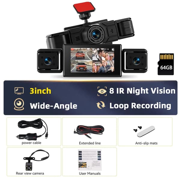 Dash Cam, 360° Dækning, Nattesyn,Bil Dash 64G Kort