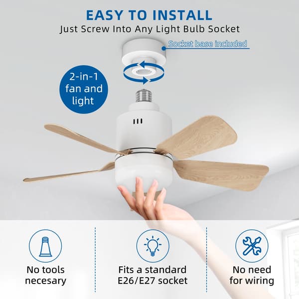 Loftventilator, 45 cm Diameter, Passer til E26/E27 Stik, 85-230V Spænding, Fire Ventilatorhastigheder, LED Lys Inkluderet