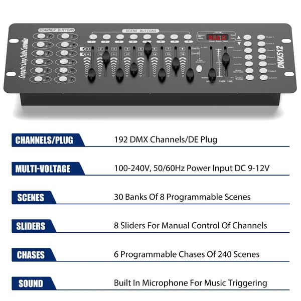 DMX-controller, 192 kanaler, indbygget mikrofon,EU stik