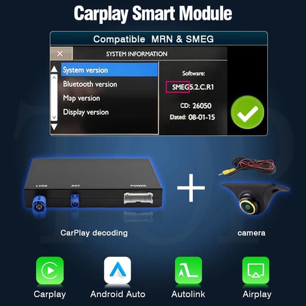 Trådløs Carplay og Android Auto Modul, Kamerastøtte, Nem Installation,Decoderboks + Kamera retrofit
