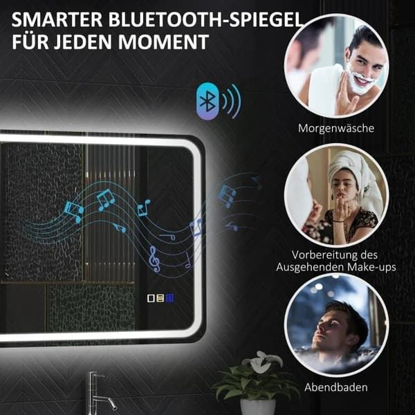 Badeværelsesspejl, Belyst, Bluetooth-funktionalitet,Lys Grå