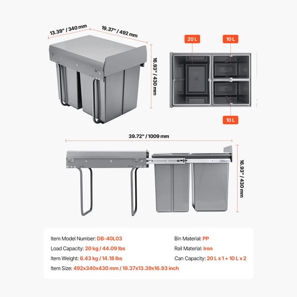 Utdragbar Soptunna, Dold Design, Hållbart Glidande System,20 10 10L