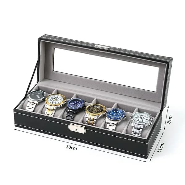 Urkasse, Læderlook Materiale, Glas Top Vitrine,Sort 6 solts