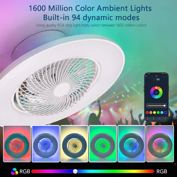 Loftventilator, Smart Kontrol, Dynamisk RGB Belysning,100W
