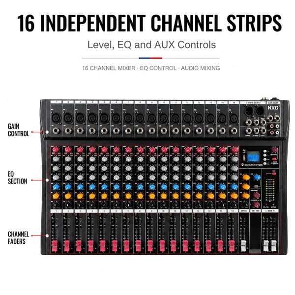 Lydmixer, 16 Kanaler, 48V Phantom Strøm, Indbygget DSP Effekter, Bluetooth Integration, LED Skærm