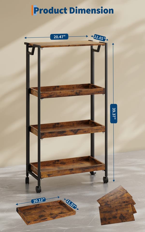 Förvaringsvagn, Fällbar Design, 4-Lagers Organisatör,Brun