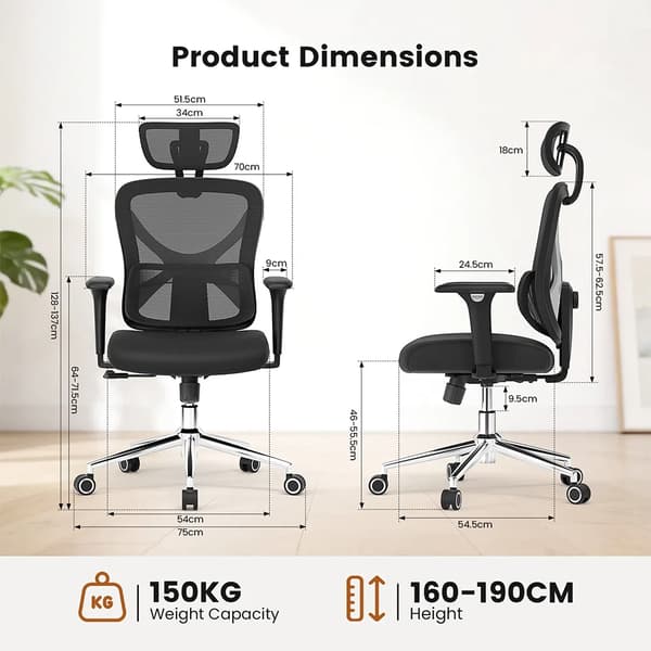Ergonomisk Stol, Justerbart Ryggstöd, 3D Armstöd,ACGAM CG-5345M