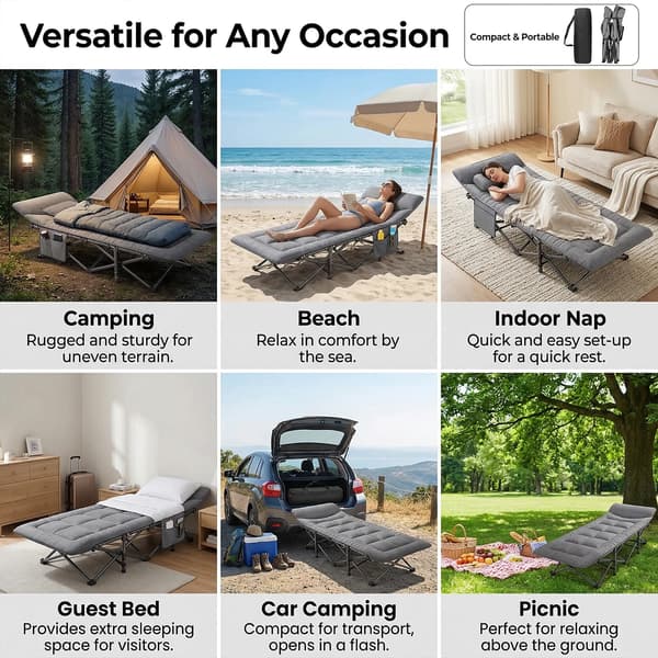 Camping seng, integreret pude, kraftig stålramme,grå
