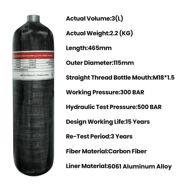 Högtryckstank, Kolfiberkonstruktion, 3L Volym,3L