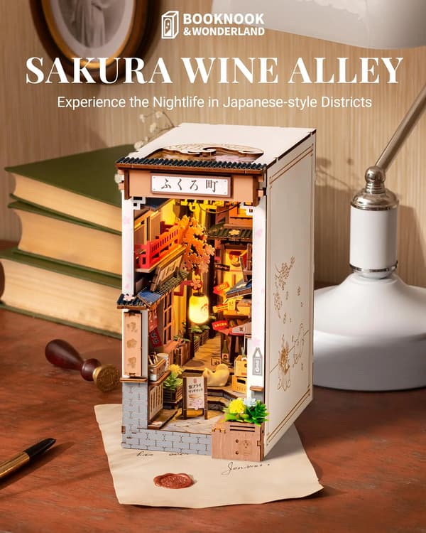 Træboghjørne Sæt, DIY Samling, LED Belysning,Sakura Vin Gade