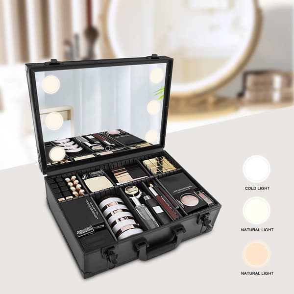 Makeup Opbevaringsboks, LED Spejl, Tilpasseligt Interiør,M, sort