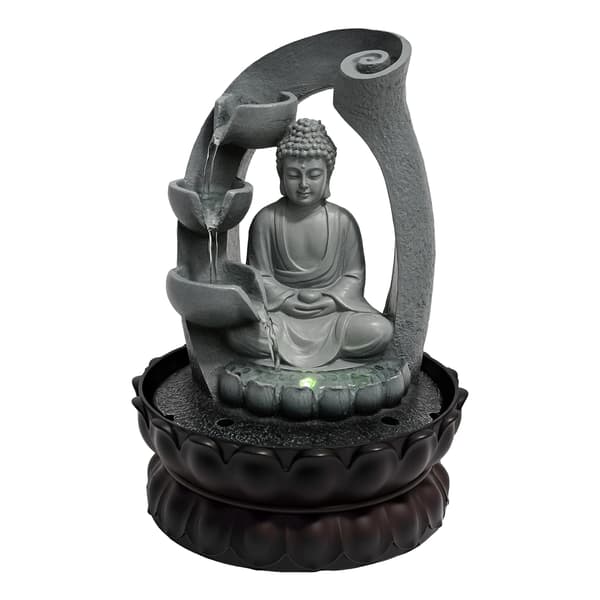 Harz Buddha Vandfontæne, LED Lys, Stille Drift,Grå