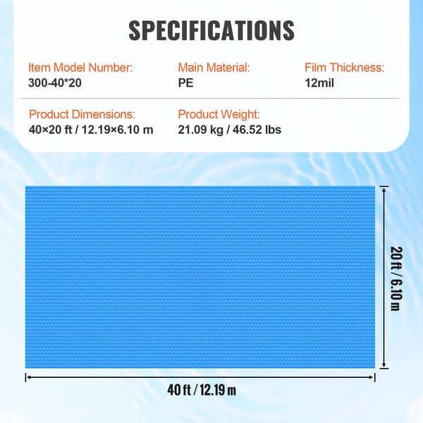 Solardæksel til pool, 40 x 20 ft, Holdbart PE-materiale, Effektiv varmebevarelse,12 miles