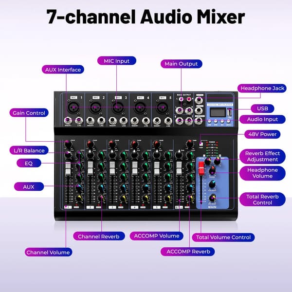 Lydmixer, Bluetooth-forbindelse, Professionel ydeevne,7 Kanal