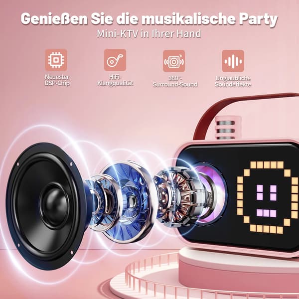 Karaoke Maskine, Bluetooth Forbindelse, Dobbelt Trådløse Mikrofoner,pink