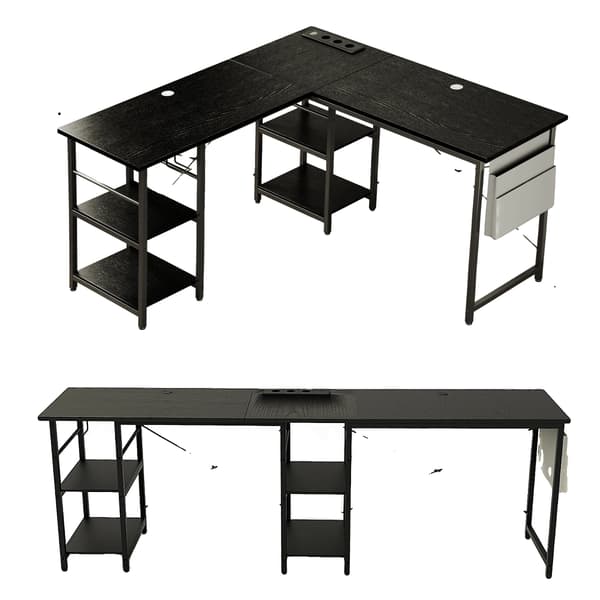 Skrivebord, L-formet design, integreret strømhub,sort