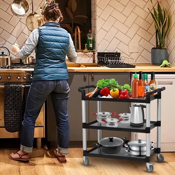 Serveringsvagn, 3-nivådesign, hög lastkapacitet,svart
