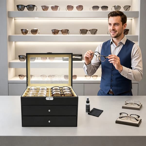 Brilleudstillingskasse, Skuffe-Style Design, 24 Rum Organisation,sort