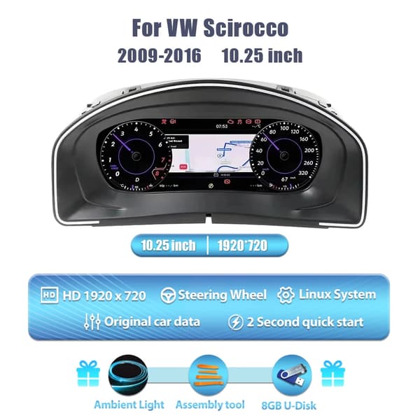Digital Dashboard, 10,25 Tommer LCD Skærm, Flersproget Support,Til Scirocco 09-16