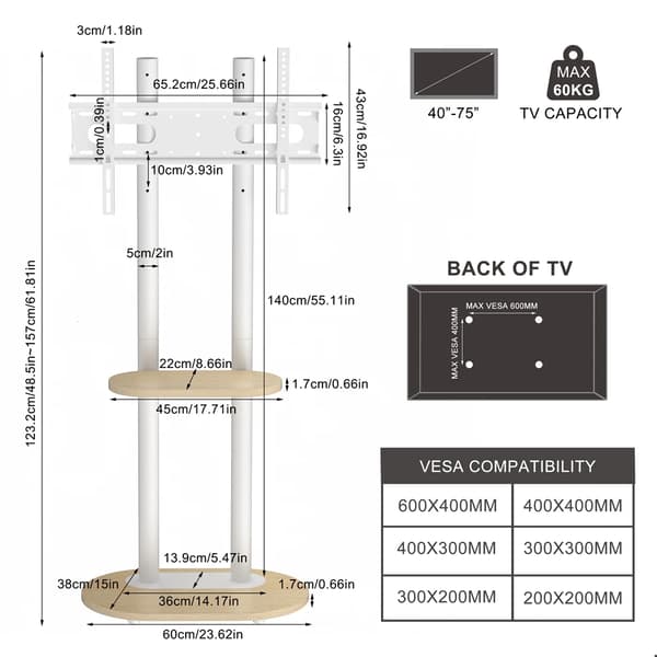 TV Golvställ, Höjdjusterbart, Mobil Design,VIT