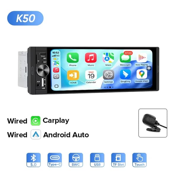 Carplay, Touchskærmsinterface, Multimedieunderstøttelse,K50 Kablet Carplay+MIC