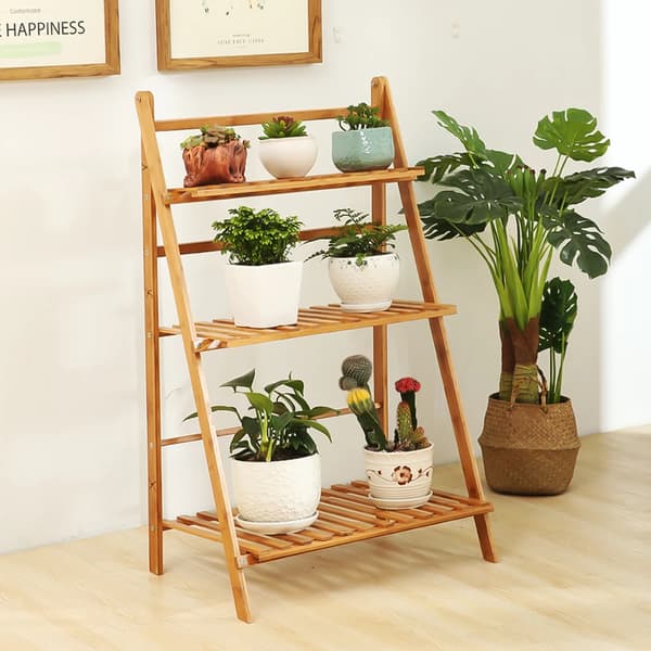 Blomsterställ, Fällbart, 3-Nivå Design,Naturligt trä