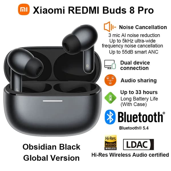 Trådløse øretelefoner, Smart ANC, Bluetooth® 5.4,REDMI Buds 8 Pro - Obsidian Black