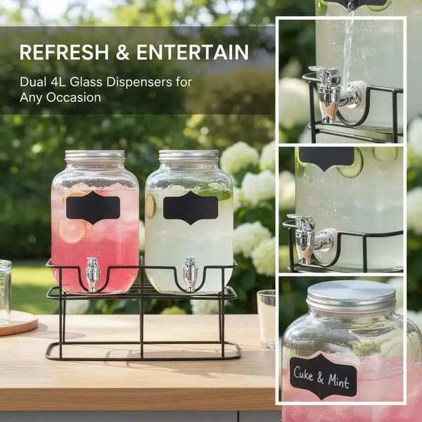 Glas Drikke Dispenser, 4L Kapacitet, Robust Stativ,Gennemsigtig