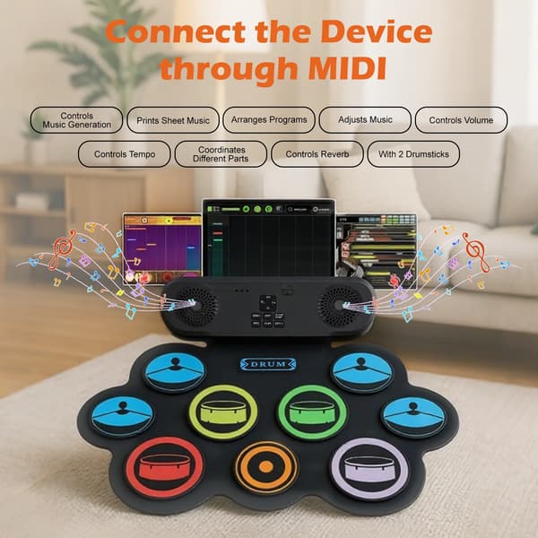 Elektronisk Trommesæt, 9 Pads, Bluetooth og MIDI Kompatibilitet,sort