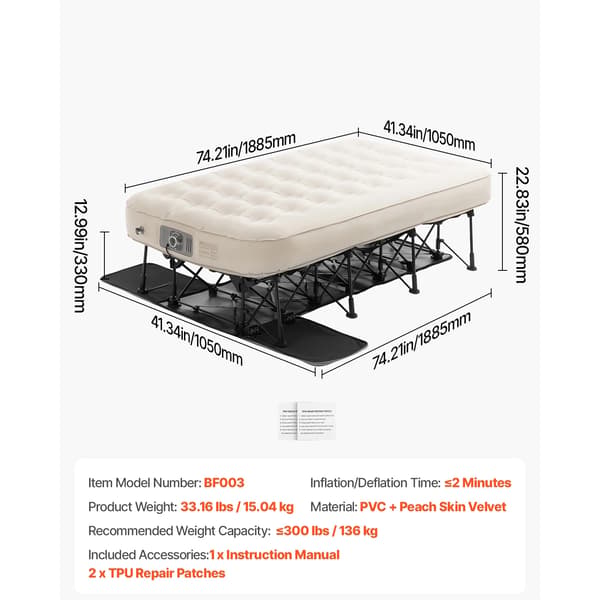 Luftmadras, Indbygget Pumpe, Bærbart Foldbart Design,300lbs220V