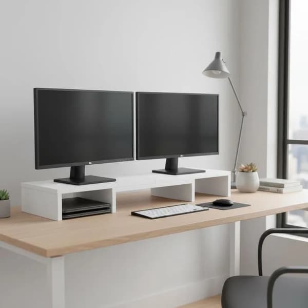 Dubbel bildskärmsställ, integrerad förvaring, ergonomisk design,Vit