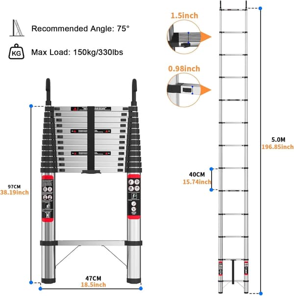 Teleskopstege, 5 Meter Höjd, Mångsidig Design,5m/16.5ft Stege m/Krokar