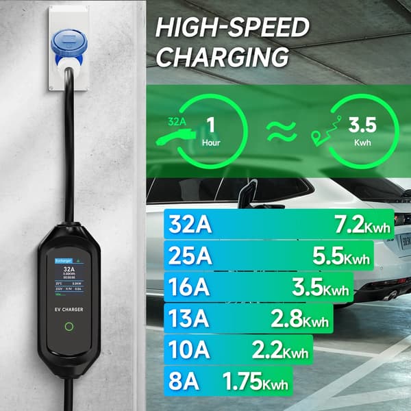 EV-laddare, Bärbar Design, Smart App Kontroll,typ2 7.2KW 5m kabel, Typ2